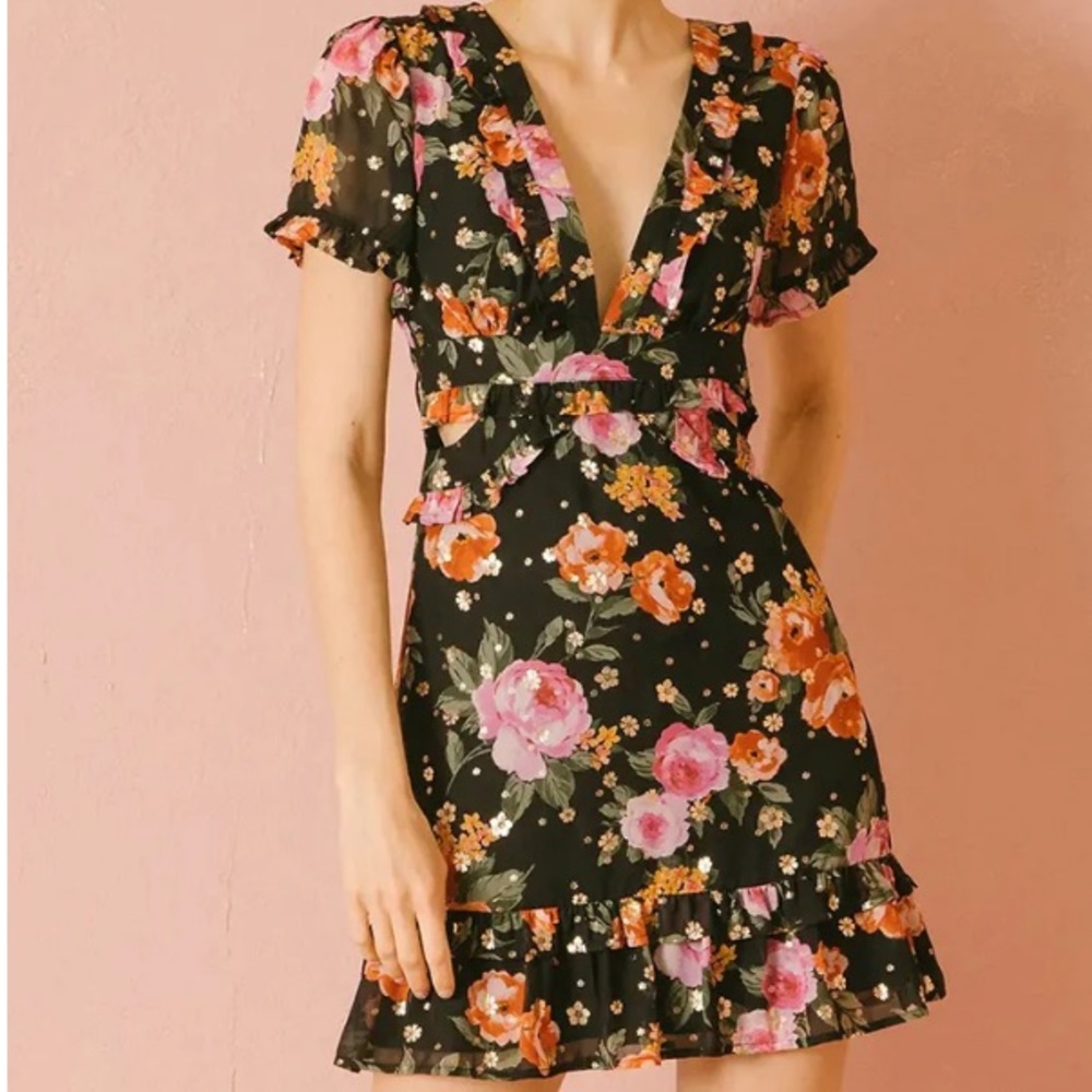 Storia Roses and Gold Side Cut Out Flowers Mini‎ Dress